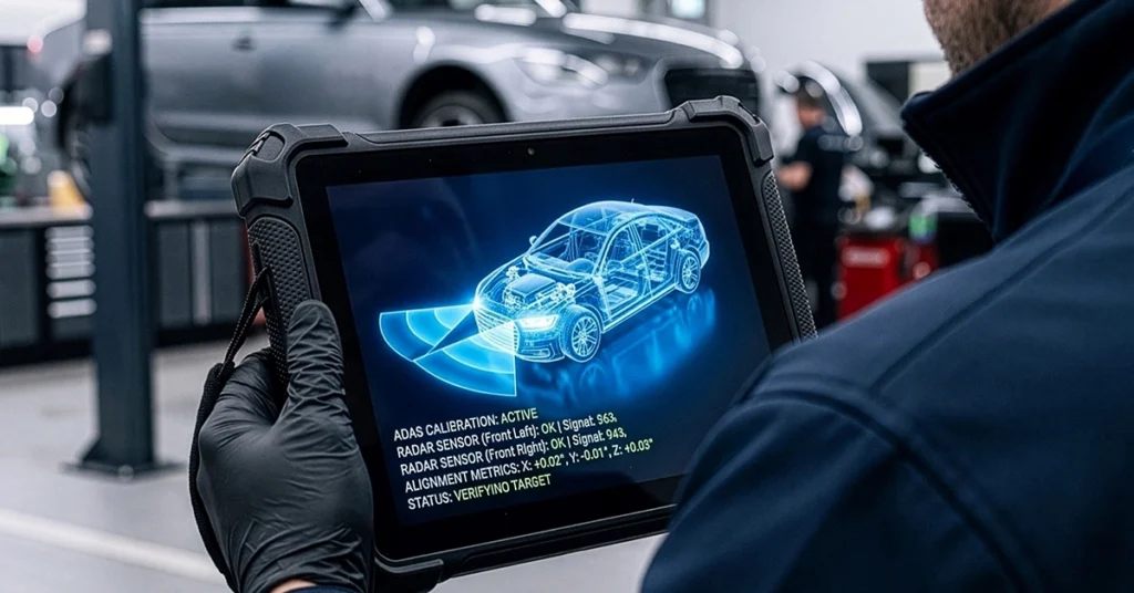 Technician in a bay looking at an ADAS calibration screen on a tablet device